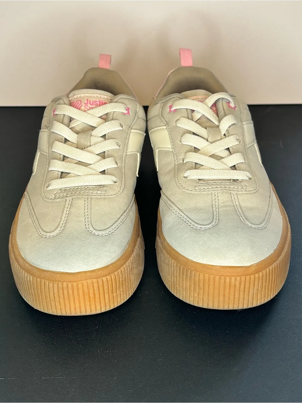 Justice Sport Cream Platform Sneakers with Gum Sole and Pink Accents Size 5